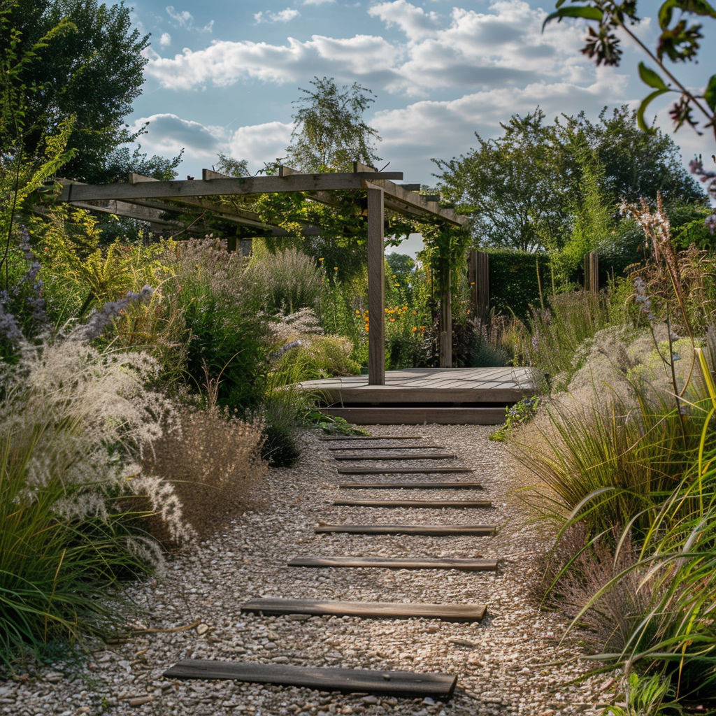 Concept design image of pergola and decking area immersed in planting